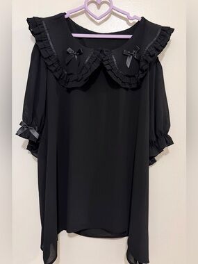 NightWhisper Black Ruffle Collar Bow-Accent Blouse